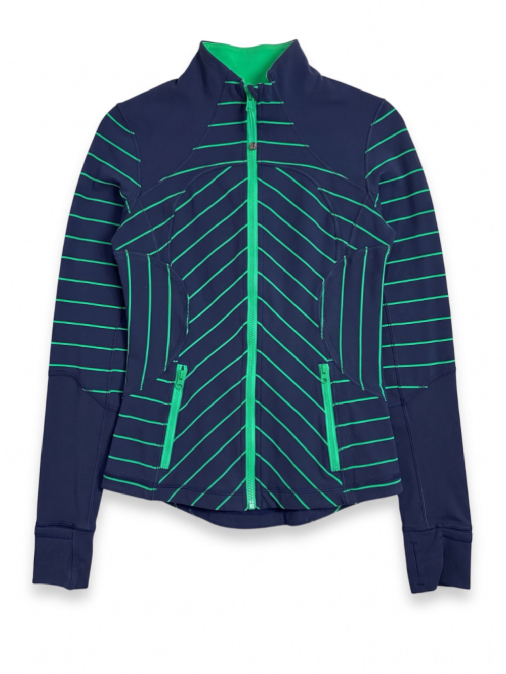 LULULEMON Jacket Forme Zipup Dark Blue Green Stripes Yoga Activewear Gym, Sz 6